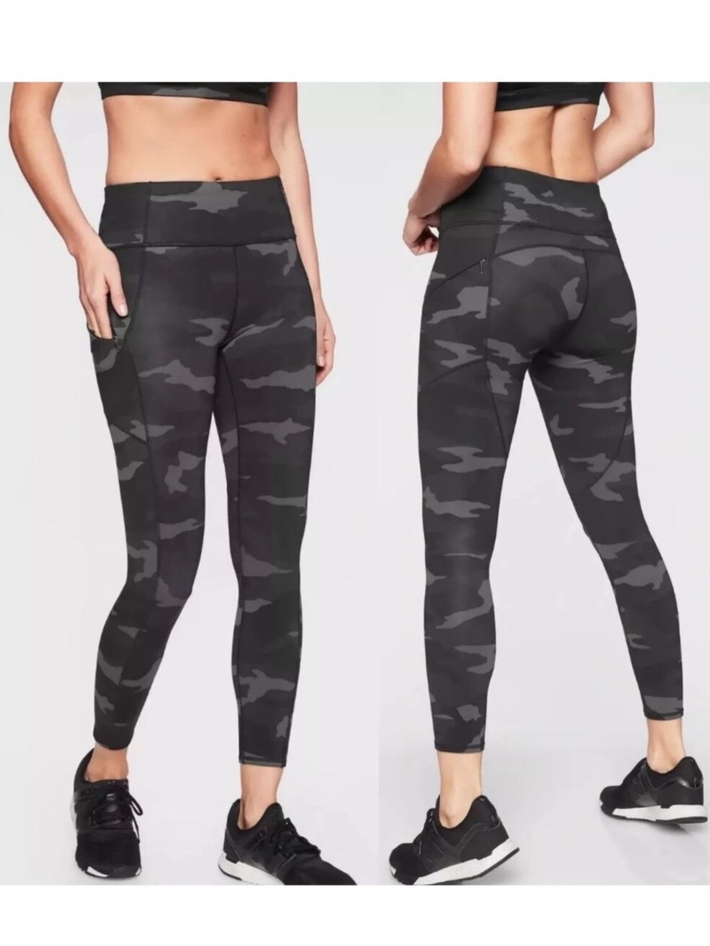 Athleta Camo Contender Side Zip Pockets Black and Grey 7/8 Leggings Size Large